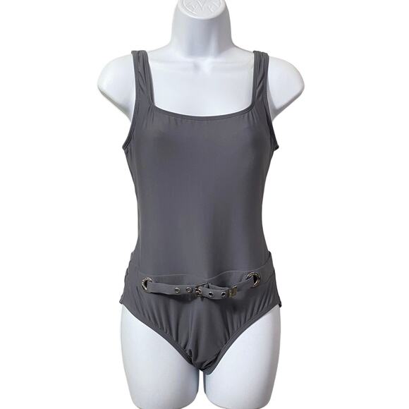 Michael Kors NWT Belted Gray One-Piece Swimsuit Deep Back Maillot Square Neck 10 - Picture 1 of 11